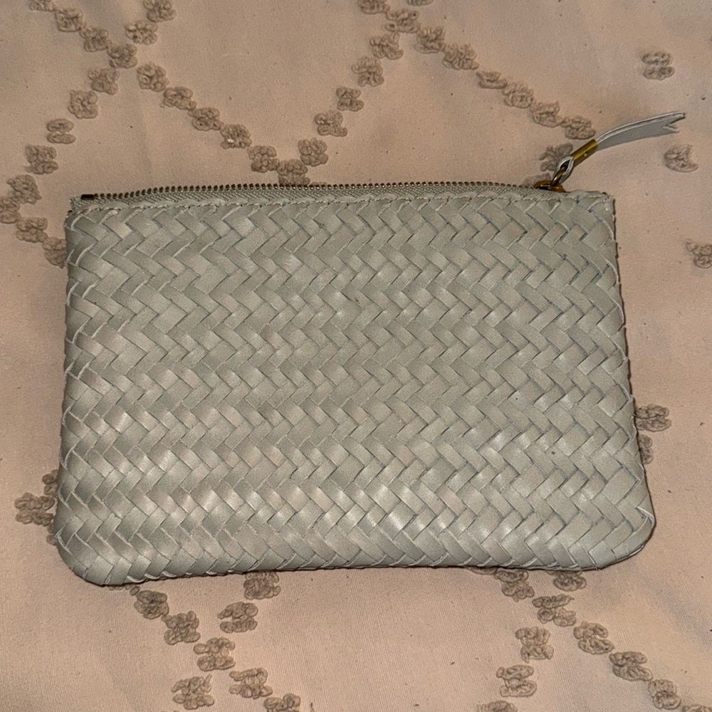 Madewell grey (ashen sage) leather clutch with a side pocket (brown lining) NWT